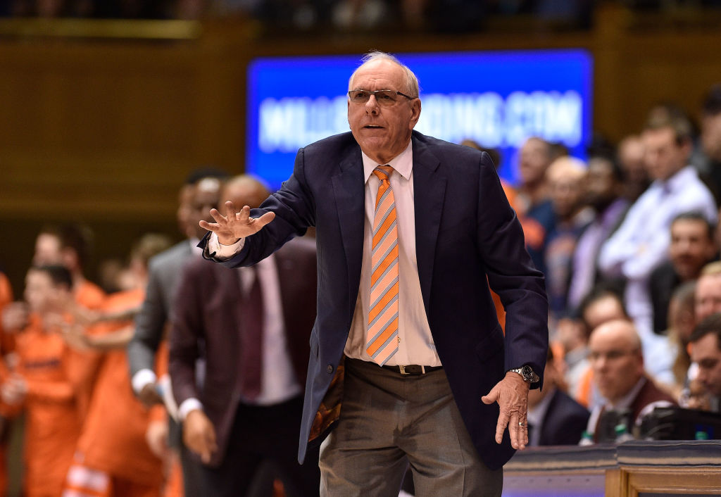 DURHAM, NORTH CAROLINA - JANUARY 14: Head coach Jim Boeheim of the Syracuse Orange reacts during their game against the Duke Blue Devils at Cameron Indoor Stadium on January 14, 2019 in Durham, North Carolina. Syracuse won 95-91 in overtime. (Photo by Grant Halverson/Getty Images)