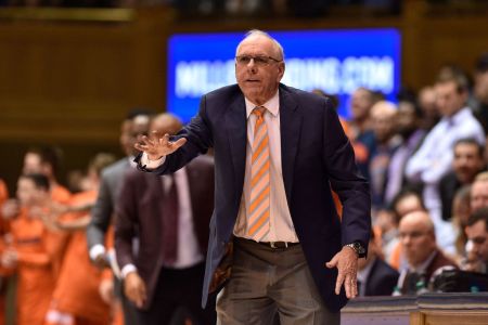 DURHAM, NORTH CAROLINA - JANUARY 14: Head coach Jim Boeheim of the Syracuse Orange reacts during their game against the Duke Blue Devils at Cameron Indoor Stadium on January 14, 2019 in Durham, North Carolina. Syracuse won 95-91 in overtime. (Photo by Grant Halverson/Getty Images)