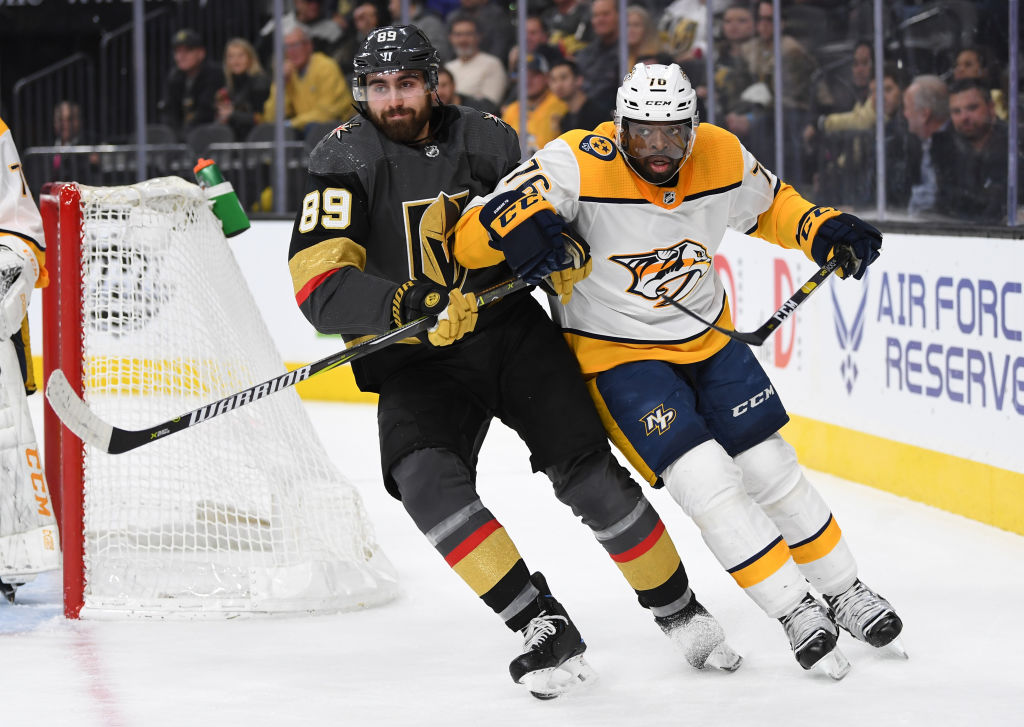 LAS VEGAS, NV - JANUARY 23:   Alex Tuch #89 of the Vegas Golden Knights battles P.K. Subban #76 of the Nashville Predators during the first period of their game at T-Mobile Arena on January 23, 2019 in Las Vegas, Nevada.  (Photo by Jeff Bottari/NHLI via Getty Images)