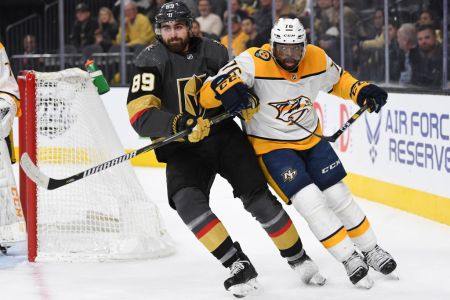 LAS VEGAS, NV - JANUARY 23:   Alex Tuch #89 of the Vegas Golden Knights battles P.K. Subban #76 of the Nashville Predators during the first period of their game at T-Mobile Arena on January 23, 2019 in Las Vegas, Nevada.  (Photo by Jeff Bottari/NHLI via Getty Images)