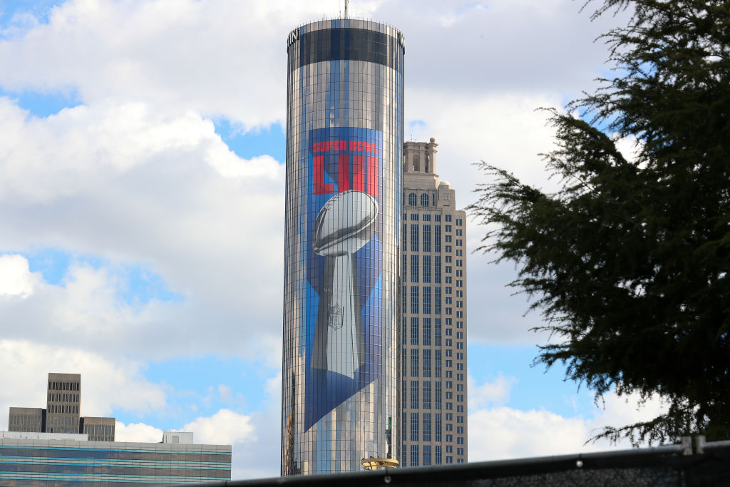 ATLANTA, GA - JANUARY 28:  A General View of the Vince Lmbardi Trophy and the Super BowlLIII logo on the Westin Hotel during Super Bowl LIII week on January 28, 2019 in Atlanta, GA.   (Photo by Rich Graessle/Icon Sportswire via Getty Images)
