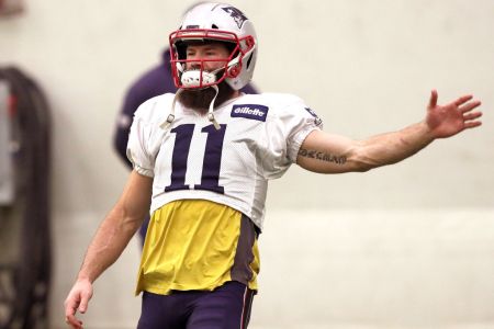 FOXBOROUGH, MA - JANUARY 25: New England Patriots wide receiver Julian Edelman (11) takes part in New England Patriots practice at the Gillette Stadium practice facility in Foxborough, MA on Jan. 25, 2019. (Photo by Barry Chin/The Boston Globe via Getty Images)