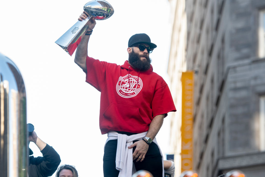 New England Patriots wide receiver and Super Bowl MVP Julian Edelman with the Vince Lombardi trophy during the Victory Parade through the streets of Boston on February 5, 2019.