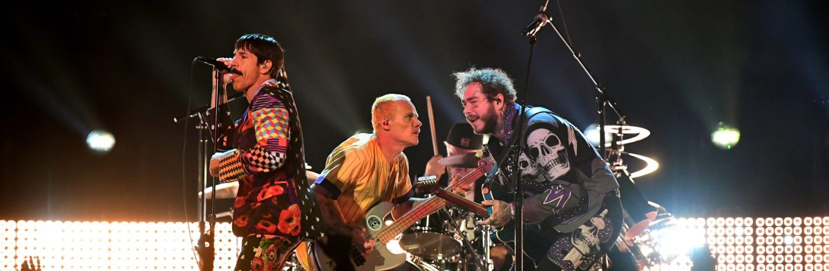 (L-R) Flea, Anthony Kiedis, and Chad Smith of Red Hot Chili Peppers perform onstage with Post Malone during the 61st Annual GRAMMY Awards at Staples Center on February 10, 2019 in Los Angeles, California.  (Photo by Emma McIntyre/Getty Images for The Recording Academy)
