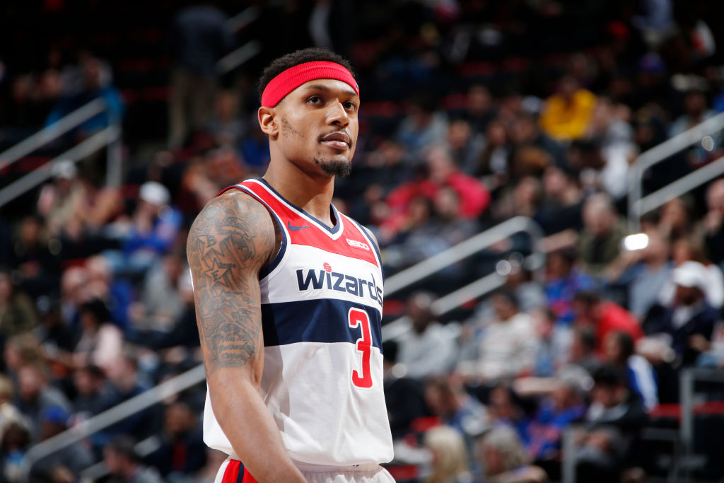 DETROIT, MI - FEBRUARY 11: Bradley Beal #3 of the Washington Wizards looks on during the game against the Detroit Pistons on February 11, 2019 at Little Caesars Arena in Detroit, Michigan. (Photo by Brian Sevald/NBAE via Getty Images)