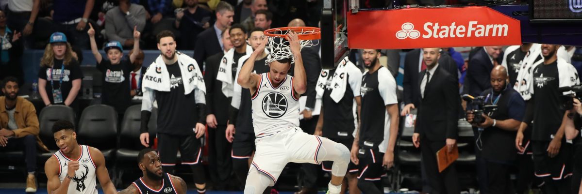 Stephen Curry #30 of Team Giannis dunks during the 2019 NBA All-Star Game on February 17, 2019 at the Spectrum Center in Charlotte, North Carolina. (Photo by Joe Murphy/NBAE via Getty Images)
