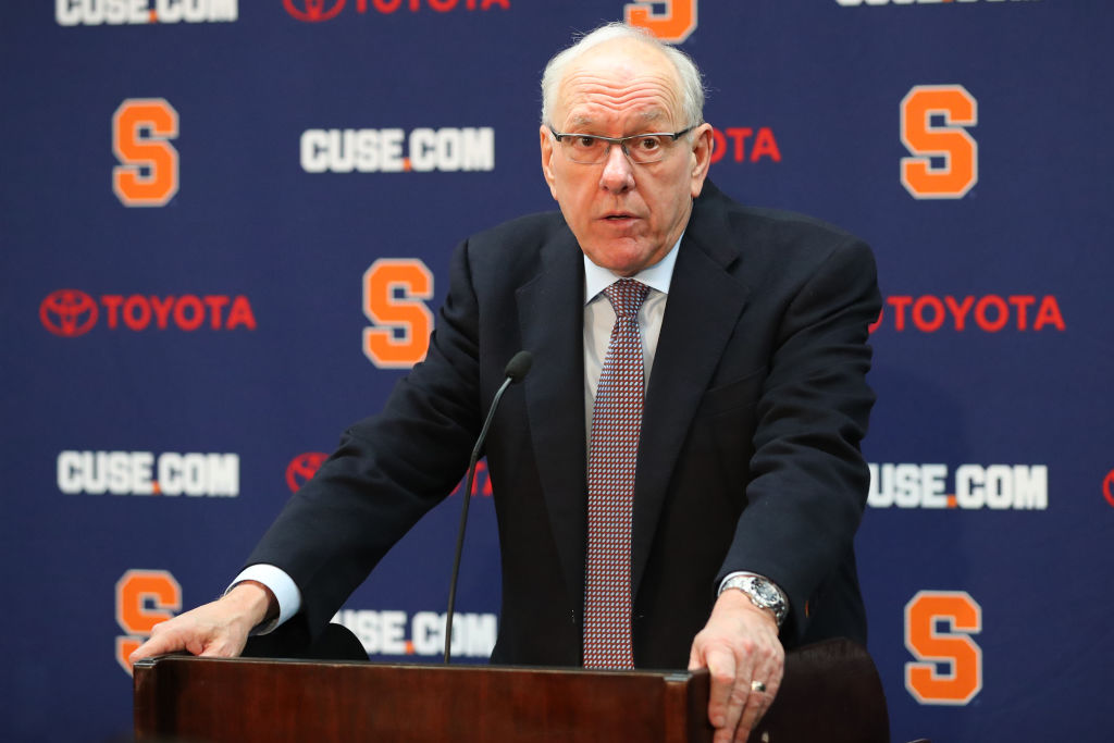 Head coach Jim Boeheim of the Syracuse Orange speaks with the media following the game against the Duke Blue Devils at the Carrier Dome on February 23, 2019 in Syracuse, New York. Duke defeated Syracuse 75-65. (Photo by Rich Barnes/Getty Images)