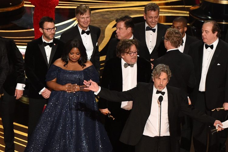 Producers of Best Picture nominee "Green Book" Peter Farrelly and Nick Vallelonga accepts the award for Best Picture with the whole crew on stage during the 91st Annual Academy Awards at the Dolby Theatre in Hollywood, California on February 24, 2019. (VALERIE MACON/AFP/Getty Images)