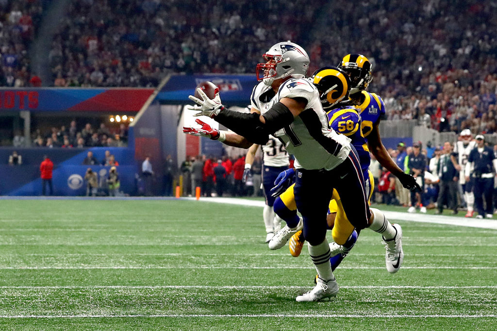 Rob Gronkowski #87 of the New England Patriots catches a 29-yard reception in the fourth quarter against the Los Angeles Rams during Super Bowl LIII at Mercedes-Benz Stadium on February 03, 2019 in Atlanta, Georgia. (Photo by Maddie Meyer/Getty Images)