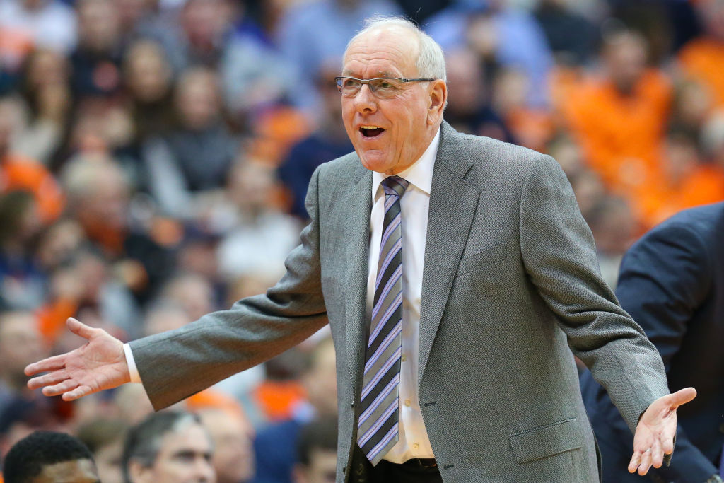 SYRACUSE, NY - FEBRUARY 20:  Head coach Jim Boeheim of the Syracuse Orange reacts to a call against the Louisville Cardinals during the second half at the Carrier Dome on February 20, 2019 in Syracuse, New York. Syracuse defeated Louisville 69-49. (Photo by Rich Barnes/Getty Images)