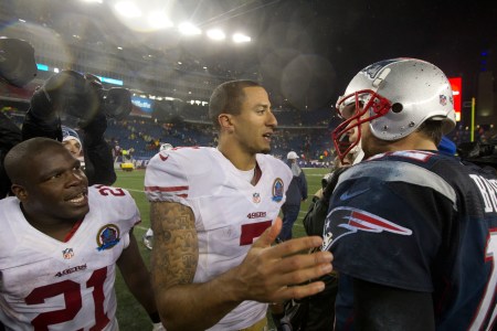 FOXBOROUGH, MA - DECEMBER 16: New England Patriots quarterback Tom Brady shakes hands with San Francisco 49ers Colin Kaepernikck and Frank Gore (#21) after the 49ers defeated the Patriots 41-34 at Gillette Stadium on Sunday, Dec. 16, 2012. (Photo by Matthew J. Lee/The Boston Globe via Getty Images)