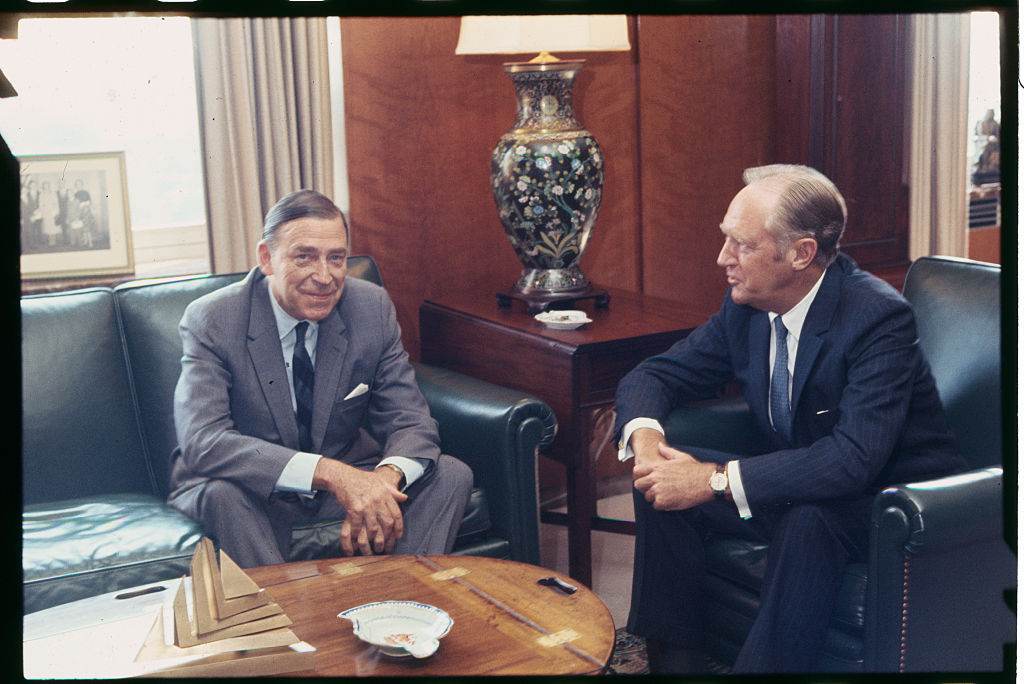 Charles Burke Elbrick (left), U.S. Ambassador to Brazil, confers with Secretary of State William P. Rogers at the State Department. Afterwards, the 61-year-old diplomat told a press conference he expects to return to Rio de Janeiro despite his recent kidnapping by opponents of the Rio Government. (Getty)
