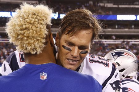 Tom Brady #12 of the New England Patriots talks with Odell Beckham #13 of the New York Giants during a preseason game at MetLife Stadium on September 1, 2016 in East Rutherford, New Jersey. (Photo by Jeff Zelevansky/Getty Images)
