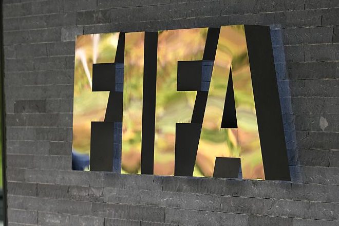 FIFA's logo at the world football's governing body headquarters. (FABRICE COFFRINI/AFP/Getty)
