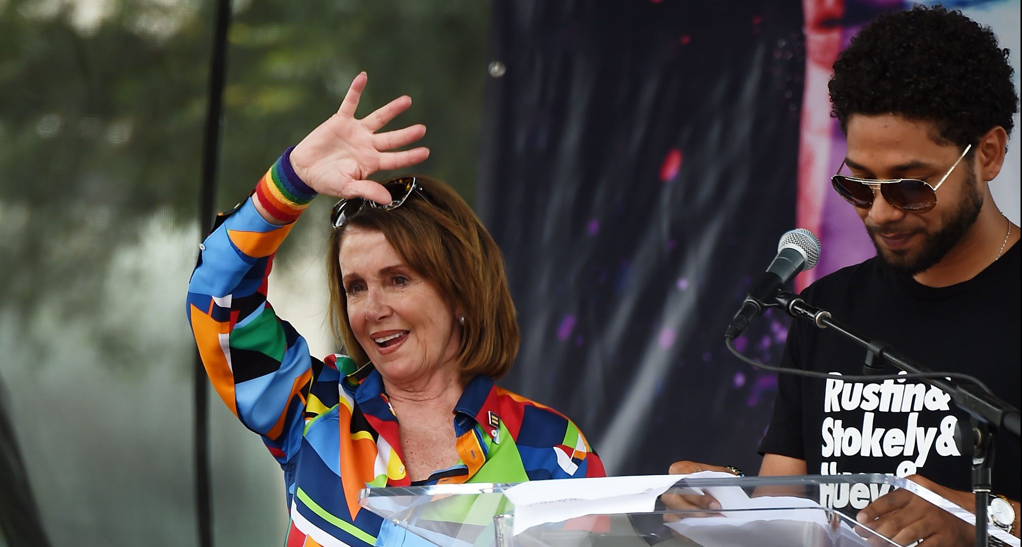 Congresswoman Nancy Pelosi (L) and actor Jussie Smollett attend the LA Pride ResistMarch on June 11, 2017 in West Hollywood, California. (Photo by Amanda Edwards/WireImage)