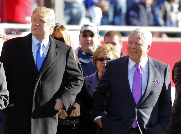 FOXBORO, MA - JANUARY 07:  (L-R) Donald Trump and owner of the New England Patriots Robert Kraft stand on the sidelines before the AFC Wild Card Playoff Game against the New York Jets at Gillette Stadium on January 7, 2007 in Foxboro, Massachusetts.  (Photo by Jim McIsaac/Getty Images)