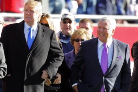 FOXBORO, MA - JANUARY 07:  (L-R) Donald Trump and owner of the New England Patriots Robert Kraft stand on the sidelines before the AFC Wild Card Playoff Game against the New York Jets at Gillette Stadium on January 7, 2007 in Foxboro, Massachusetts.  (Photo by Jim McIsaac/Getty Images)