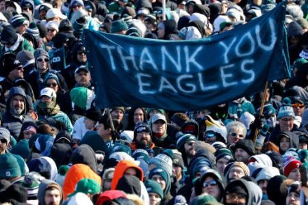 PHILADELPHIA, PA - FEBRUARY 08: Fans bundled against the cold await the start of the Philadelphia Eagles Super Bowl Championship parade on February 8, 2018 in Philadelphia, Pennsylvania. (Photo by Aaron P. Bernstein/Getty Images)