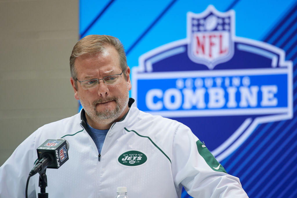 INDIANAPOLIS, IN - FEBRUARY 28: New York Jets general manager Mike Maccagnan, answers questions from the media during the NFL Scouting Combine on February 28, 2018 at Lucas Oil Stadium in Indianapolis, IN. (Photo by Robin Alam/Icon Sportswire via Getty Images)