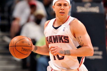 ATLANTA - APRIL 17:  Mike Bibby #10 of the Atlanta Hawks moves the ball against the Milwaukee Bucks during Game One of the Eastern Conference Quarterfinals of the 2010 NBA Playoffs at Philips Arena on April 17, 2010 in Atlanta, Georgia. (Photo by Grant Halverson/Getty Images)
