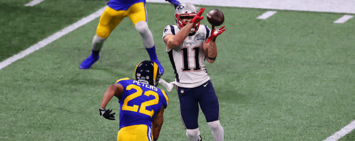 ATLANTA, GA - FEBRUARY 03: New England Patriots wide receiver Julian Edelman (11) makes a catch during Super Bowl LIII between the Los Angeles Rams and the New England Patriots on February 3, 2019 at Mercedes Benz Stadium in Atlanta, GA. (Photo by Rich Graessle/Icon Sportswire via Getty Images)