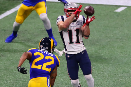 ATLANTA, GA - FEBRUARY 03: New England Patriots wide receiver Julian Edelman (11) makes a catch during Super Bowl LIII between the Los Angeles Rams and the New England Patriots on February 3, 2019 at Mercedes Benz Stadium in Atlanta, GA. (Photo by Rich Graessle/Icon Sportswire via Getty Images)