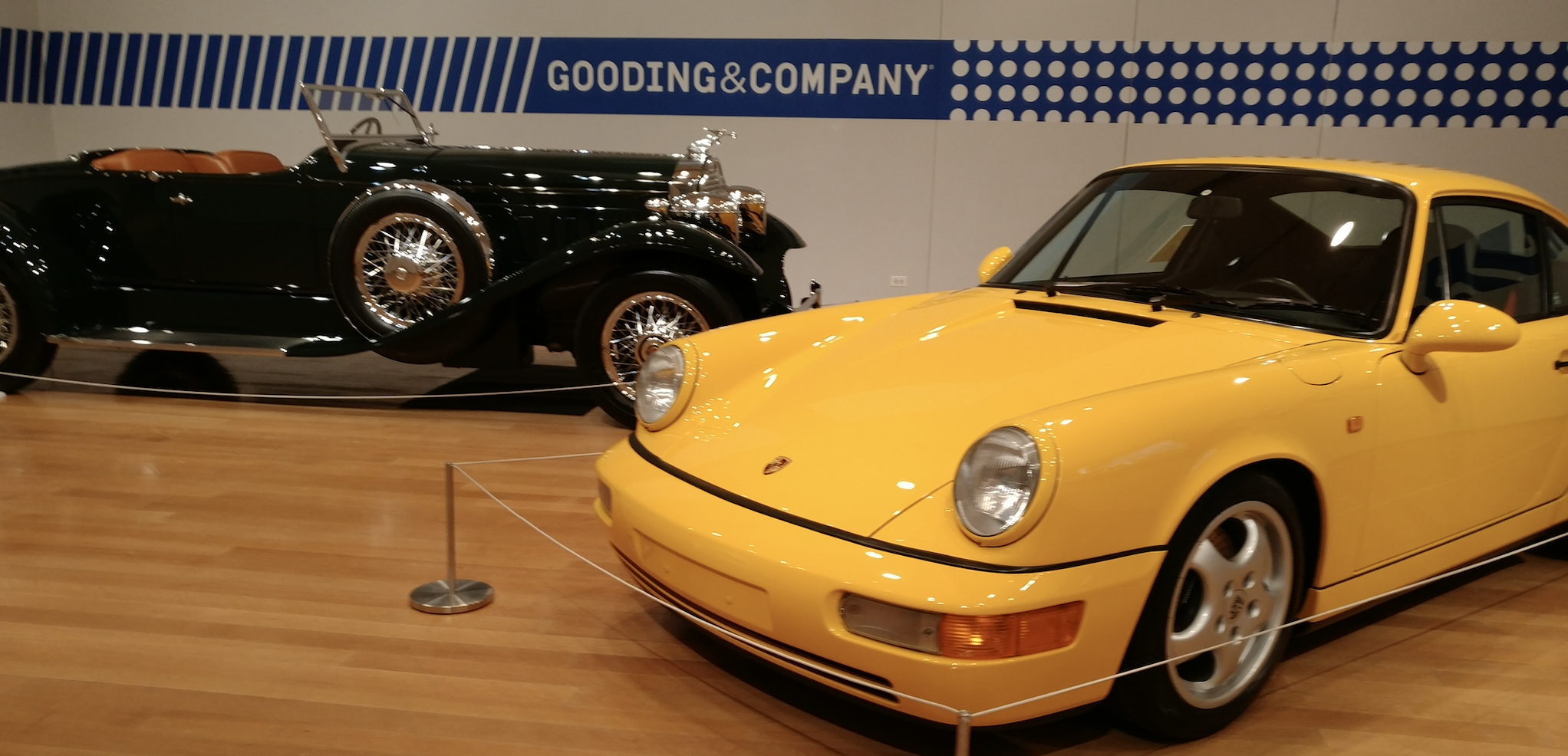 A 1930 Packard 734 Speedster Runabout and 1967 Porsche 911 2.0 S which were on display at Christie's courtesy of Gooding & Company. (RCL)