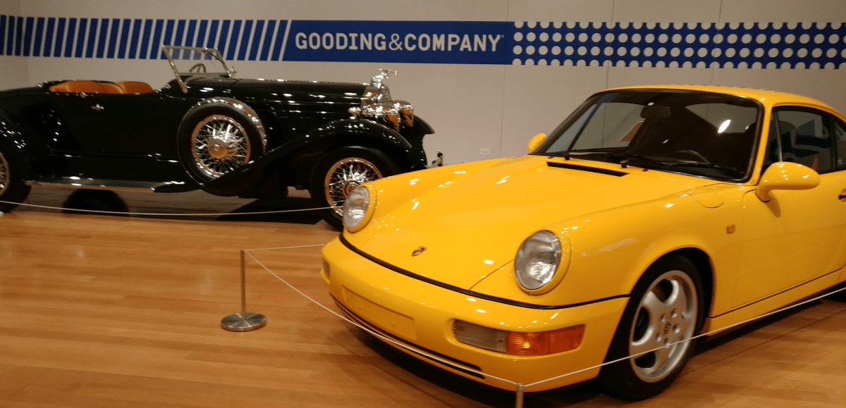 A 1930 Packard 734 Speedster Runabout and 1967 Porsche 911 2.0 S which were on display at Christie's courtesy of Gooding & Company. (RCL)