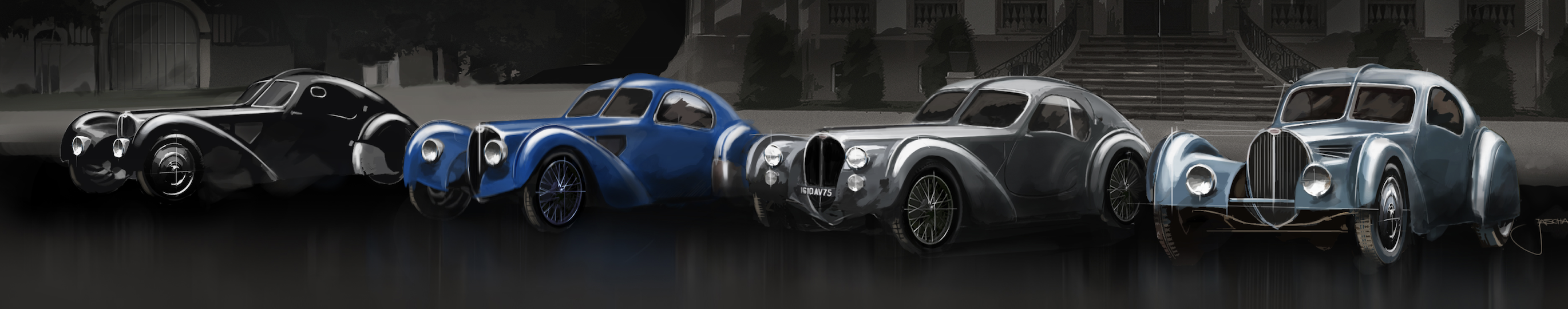 Renderings of the four Bugatti Type 57SC Atlantics that were produced. (Bugatti)

