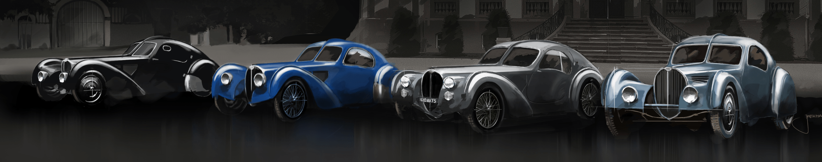 Renderings of the four Bugatti Type 57SC Atlantics that were produced. (Bugatti)