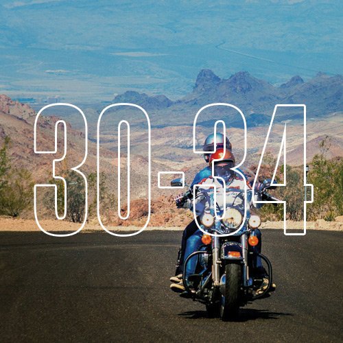 A motorcyclist and their passenger cruising on a freeway in mountainous terrain, with an overlay of the numbers "30-34"