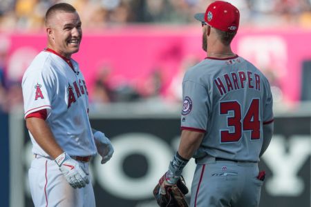 SAN DIEGO, CA - JULY 12: The Angels' Mike Trout jokes around with the Nationals' Bryce Harper during the 2016 MLB All-Star Game at Petco Park in San Diego on Tuesday.



///ADDITIONAL INFO:



allstar.0713.kjs  ---  Photo by KEVIN SULLIVAN / Orange County Register  -- 7/12/16



The 2016 MLB All-Star Game at Petco Park in San Diego.

 (Photo by Kevin Sullivan/Digital First Media/Orange County Register via Getty Images)