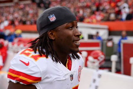 CLEVELAND, OH - NOVEMBER 4, 2018: Running back Kareem Hunt #27 of the Kansas City Chiefs on the sideline prior to a game against the Cleveland Browns on November 4, 2018 at FirstEnergy Stadium in Cleveland, Ohio. Kansas City won 37-21. (Photo by: 2018 Nick Cammett/Diamond Images/Getty Images)