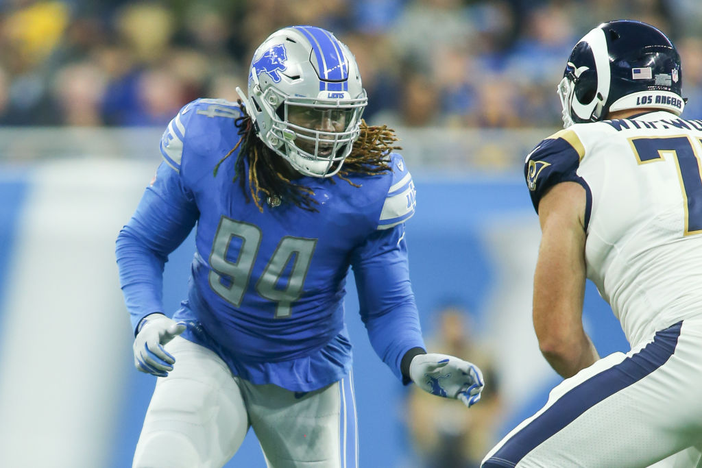DETROIT, MI - DECEMBER 02:  Detroit Lions defensive end Ezekiel Ansah (94) rushes during a regular season game between the Los Angeles Rams and the Detroit Lions on December 2, 2018 at Ford Field in Detroit, Michigan.  (Photo by Scott W. Grau/Icon Sportswire via Getty Images)