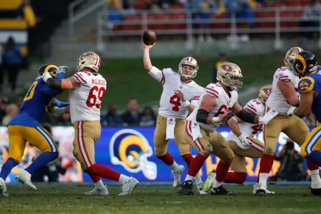 Nick Mullens #4 of the San Francisco 49ers in 2018 in LA. (Photo by Michael Zagaris/San Francisco 49ers/Getty Images)
