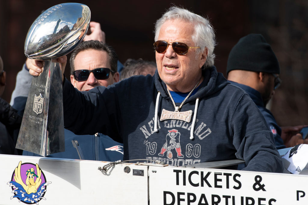New England Patriots owner Robert Kraft with the Vince Lombardi Trophy during the Victory Parade through the streets of Boston on February 5, 2019, in Boston, Massachusetts to celebrate winning Super Bowl LIII. (Photo by Richard Cashin/Icon Sportswire via Getty Images)