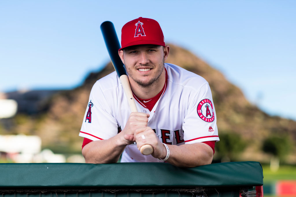 Los Angeles Angels outfielder Mike Trout (27) poses for a portrait during the Los Angeles Angels photo day on Tuesday, Feb. 19, 2019 at Tempe Diablo Stadium in Tempe, Ariz. (Photo by Ric Tapia/Icon Sportswire via Getty Images)