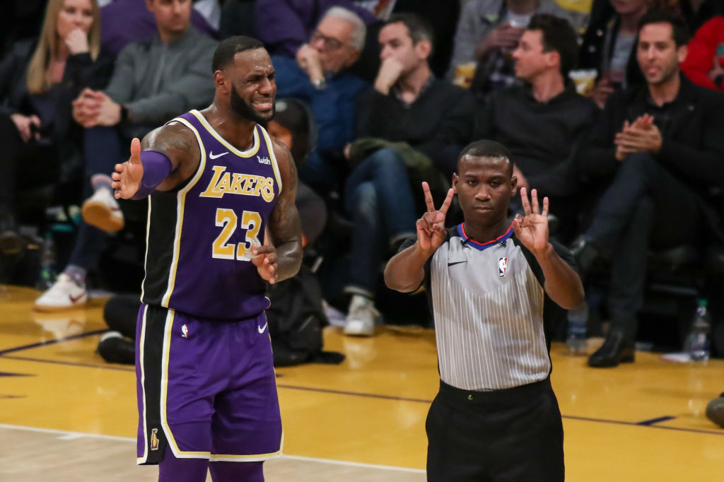 Los Angeles Lakers Forward LeBron James (23) is called for a foul during the Denver Nuggets game versus the Los Angeles Lakers on March 6, 2019, at Staples Center in Los Angeles, CA. (Photo by Icon Sportswire)