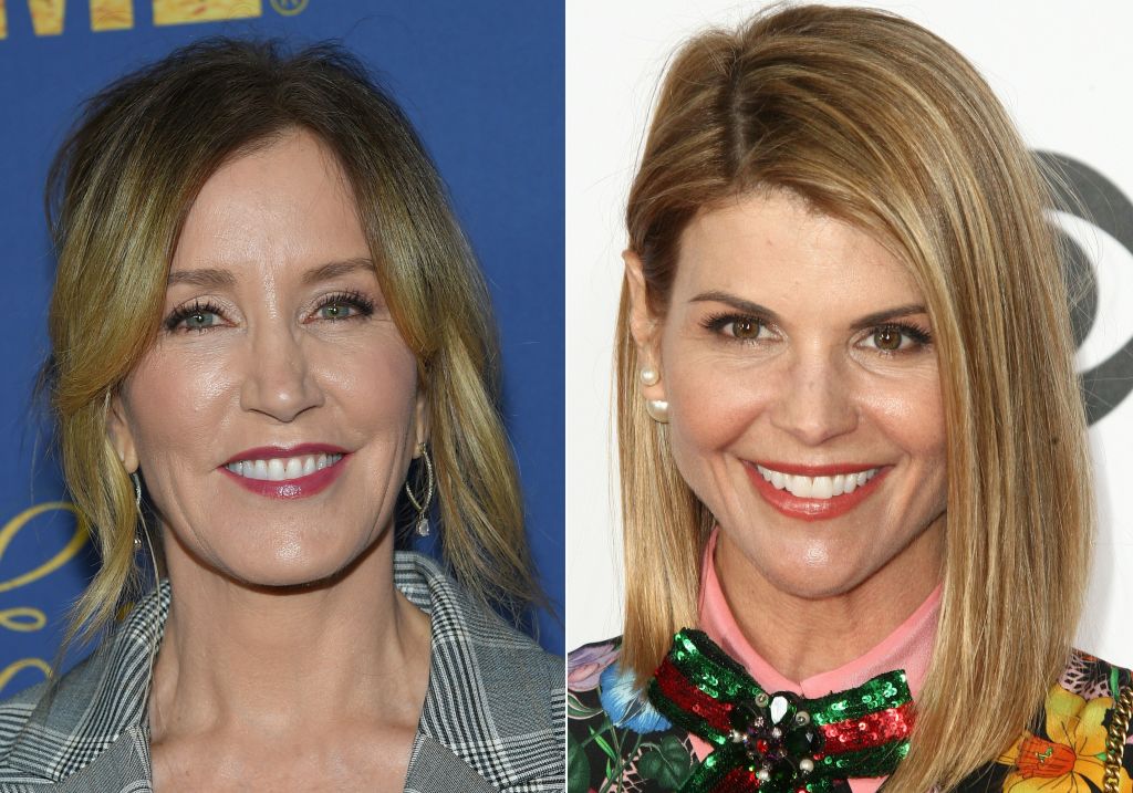 (COMBO) This combination of pictures created on March 12, 2019 shows US actress Felicity Huffman(L) attending the Showtime Emmy Eve Nominees Celebration in Los Angeles on September 16, 2018 and actress Lori Loughlin arriving at the People's Choice Awards 2017 at Microsoft Theater in Los Angeles, California, on January 18, 2017. - (LISA O'CONNOR,TOMMASO BODDI/AFP/Getty Images)