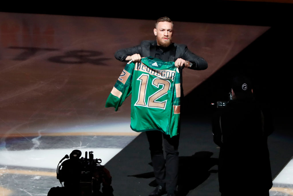 BOSTON, MA - MARCH 16: Conor McGregor walks to center ice to drop the puck on Irish Heritage Night on St. Patrick's eve before a game between the Boston Bruins and the Columbus Blue Jackets on. March 16, 2019, at TD Garden in Boston, Massachusetts. (Photo by Fred Kfoury III/Icon Sportswire via Getty Images)