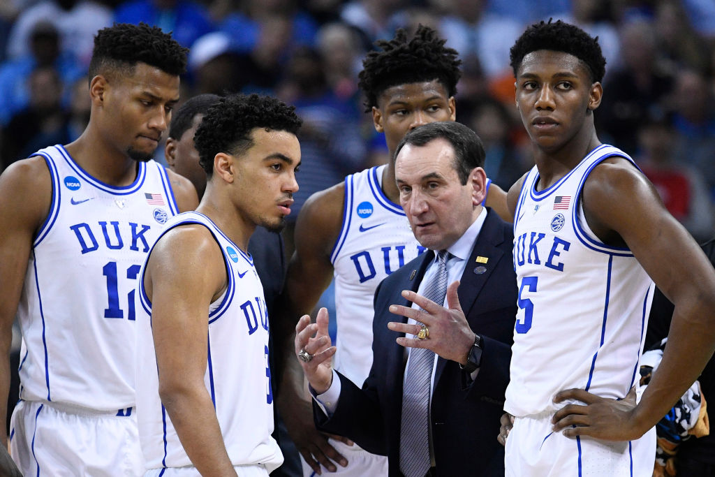 COLUMBIA, SC - MARCH 24: Head coach Mike Krzyzewski of the Duke Blue Devils talks to his team during a time out in the game against the UCF Knights in the second round of the 2019 NCAA Men's Basketball Tournament held at Colonial Life Arena on March 24, 2019 in Columbia, South Carolina. (Photo by Grant Halverson/NCAA Photos via Getty Images)