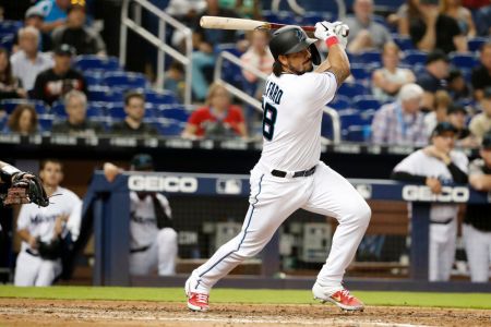 Jorge Alfaro hits a solo home run in the ninth inning. (Photo by Rhona Wise/MLB Photos via Getty Images)