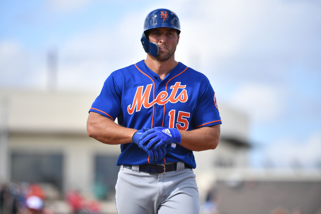 WEST PALM BEACH, FL - MARCH 07: Tim Tebow #15 of the New York Mets at bat during the spring training game against the Washington Nationals at The Ballpark of the Palm Beaches on March 7, 2019 in West Palm Beach, Florida. (Photo by Mark Brown/Getty Images)