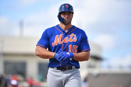 WEST PALM BEACH, FL - MARCH 07: Tim Tebow #15 of the New York Mets at bat during the spring training game against the Washington Nationals at The Ballpark of the Palm Beaches on March 7, 2019 in West Palm Beach, Florida. (Photo by Mark Brown/Getty Images)