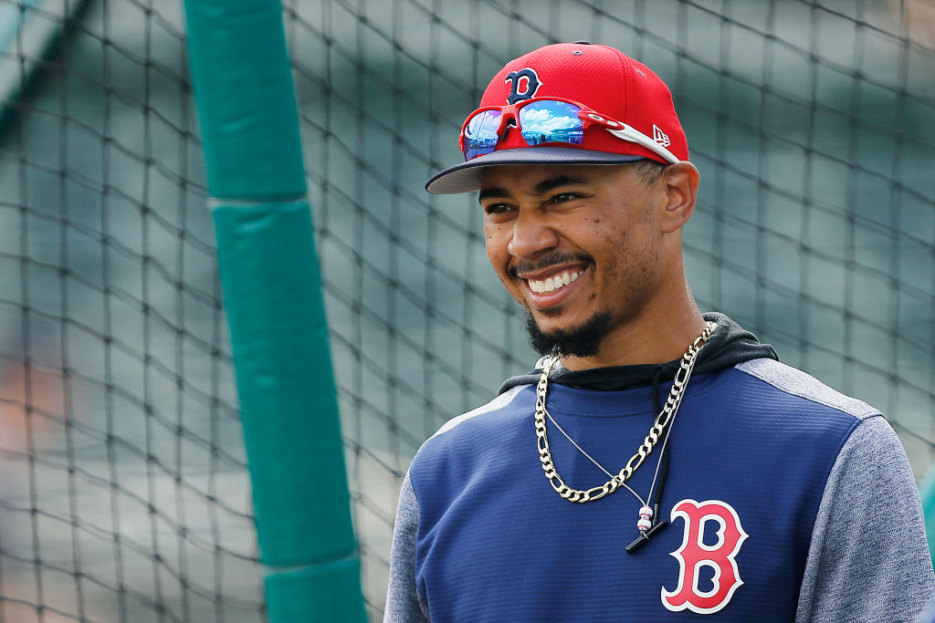 FORT MYERS, FLORIDA - MARCH 09:  Mookie Betts #50 of the Boston Red Sox looks on during batting practice prior to the Grapefruit League spring training game against the New York Mets at JetBlue Park at Fenway South on March 09, 2019 in Fort Myers, Florida. (Photo by Michael Reaves/Getty Images)