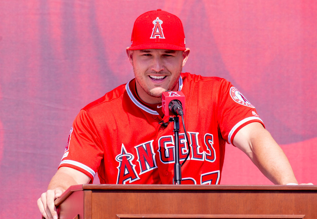 ANAHEIM, CA - MARCH 24: Mike Trout of the Los Angeles Angels speaks to a crowd about him staying with the Los Angeles Angels during a press conference outside Angel Stadium in Anaheim on Sunday, March 24, 2019. (Photo by Leonard Ortiz/MediaNews Group/Orange County Register via Getty Images)