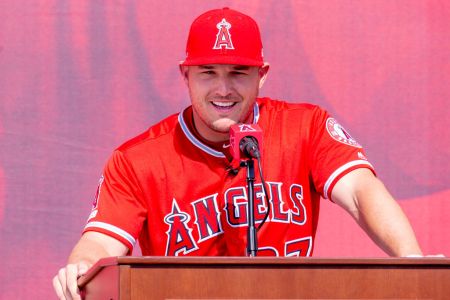 ANAHEIM, CA - MARCH 24: Mike Trout of the Los Angeles Angels speaks to a crowd about him staying with the Los Angeles Angels during a press conference outside Angel Stadium in Anaheim on Sunday, March 24, 2019. (Photo by Leonard Ortiz/MediaNews Group/Orange County Register via Getty Images)