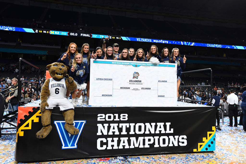 SAN ANTONIO, TX - APRIL 02: The Villanova Wildcats cheerleaders celebrate after the 2018 NCAA Men's Final Four National Championship game against the Michigan Wolverines at the Alamodome on April 2, 2018 in San Antonio, Texas.  (Photo by Brett Wilhelm/NCAA Photos via Getty Images)