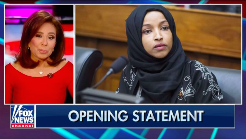 Fox News' Jeanine Pirro (left) did not host her normal show on Saturday, March, 16, 2019, and the network did not give a reason for pulling the program off the air. Fox News offered a rare, public rebuke of Pirro's comments earlier in the week after she questioned the loyalty of Rep. Ilhan Omar (D-Mich.) because Omar, a practicing Muslim, wears a hijab. (Photo: Fox News/YouTube)