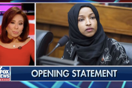 Fox News' Jeanine Pirro (left) did not host her normal show on Saturday, March, 16, 2019, and the network did not give a reason for pulling the program off the air. Fox News offered a rare, public rebuke of Pirro's comments earlier in the week after she questioned the loyalty of Rep. Ilhan Omar (D-Mich.) because Omar, a practicing Muslim, wears a hijab. (Photo: Fox News/YouTube)